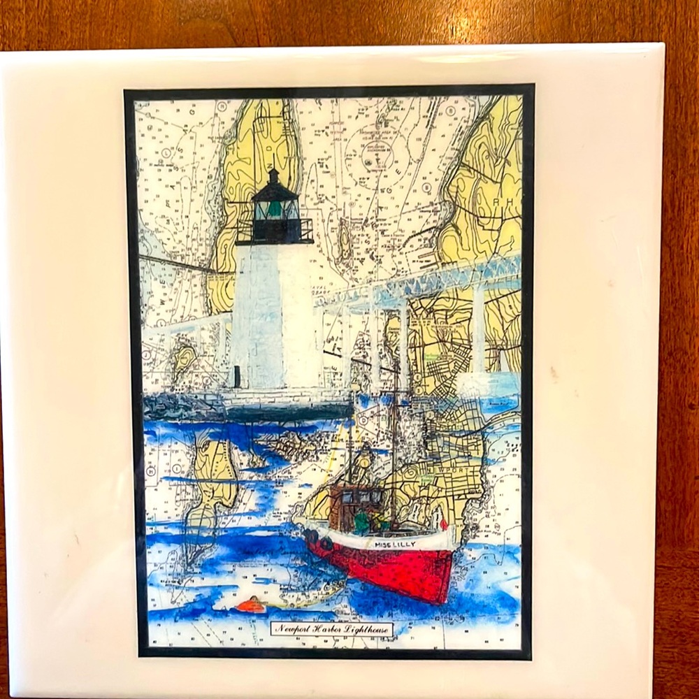 Picture decorative ceramic tile of Newport Harbor, RI lighthouse, 8x8” ARTile